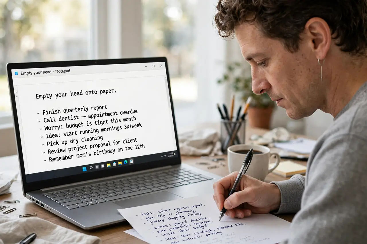 A person performing step 1 of the guide: Empty your head onto paper. Write down every task, worry, and idea rattling around. The review cannot organize what is still only in...