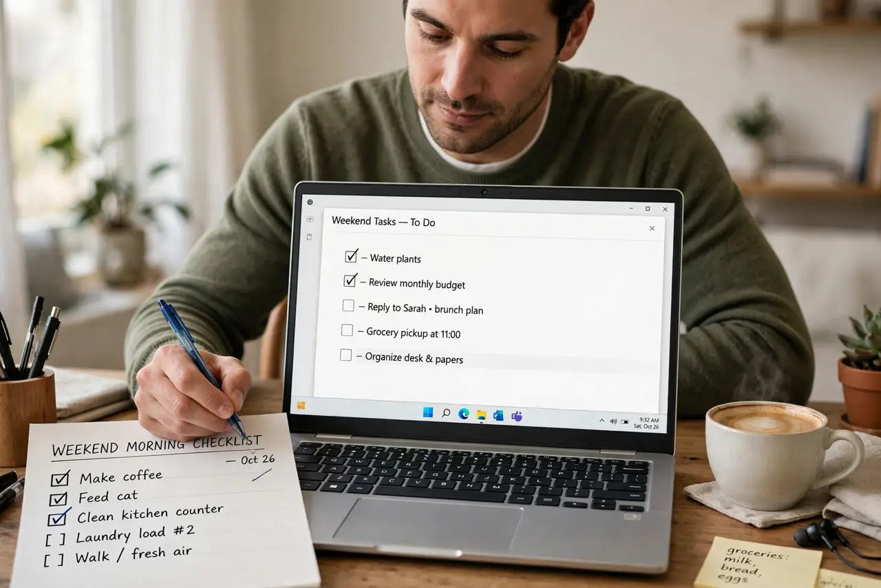a calm adult at a desk on a weekend morning with a real Windows laptop and a paper checklist with legible items, a coffee cup nearby, the person checking off an item