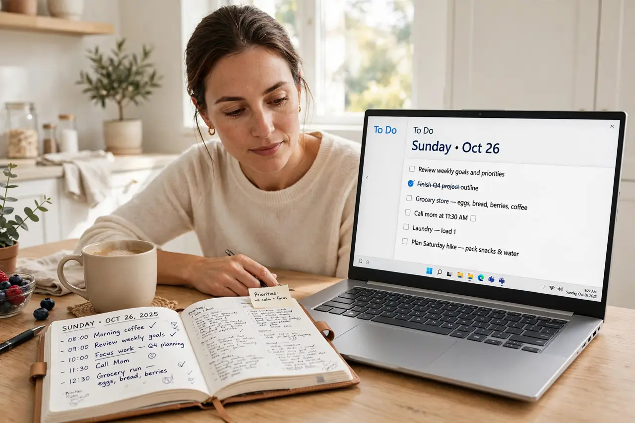 A person reviewing a real paper planner and a laptop with a legible task list on a Sunday morning, coffee beside them, the person's face calm and in control, bright kitchen.