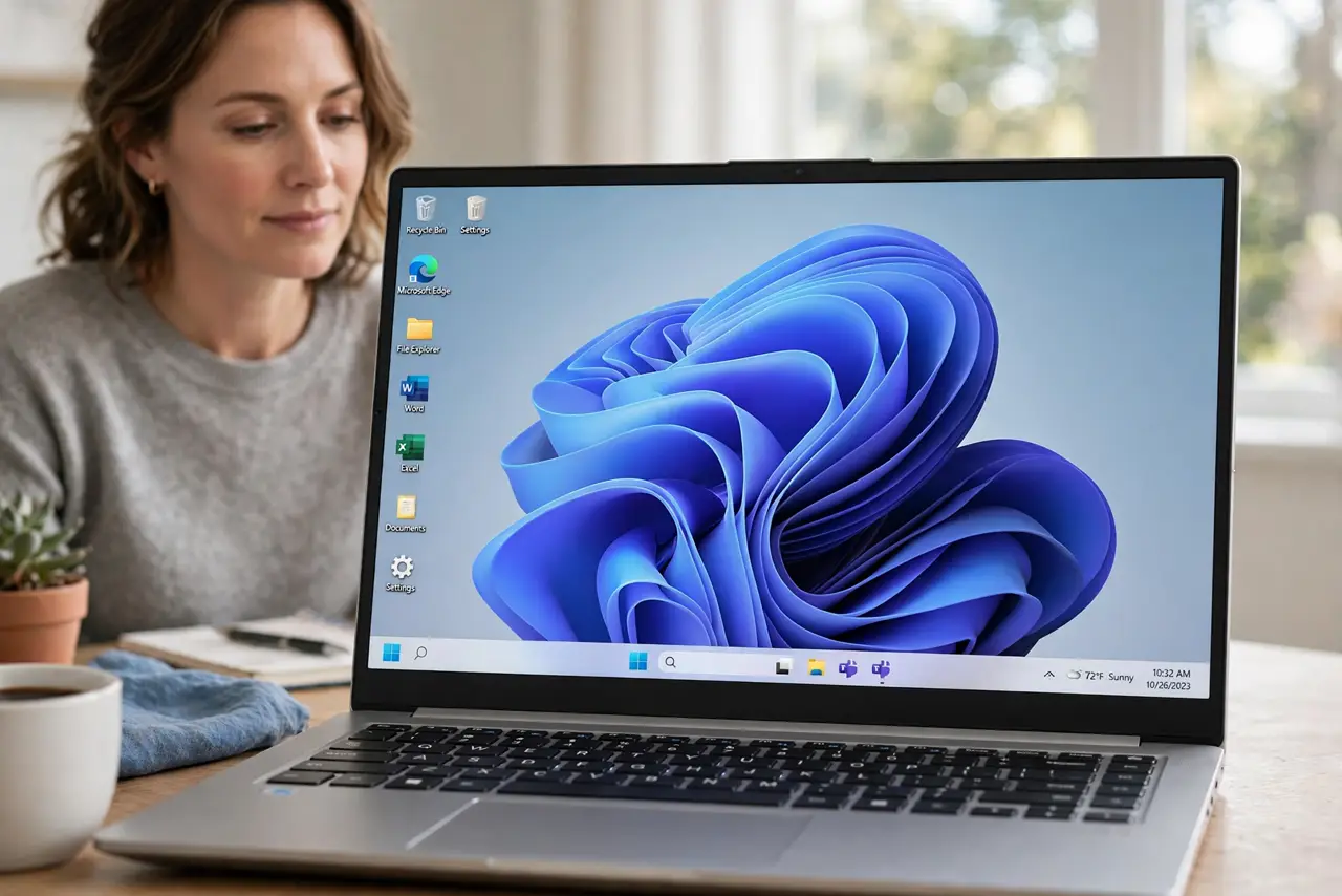 a patient adult with a real Windows laptop, the normal Windows desktop visible on the real laptop screen with icons clearly legible.