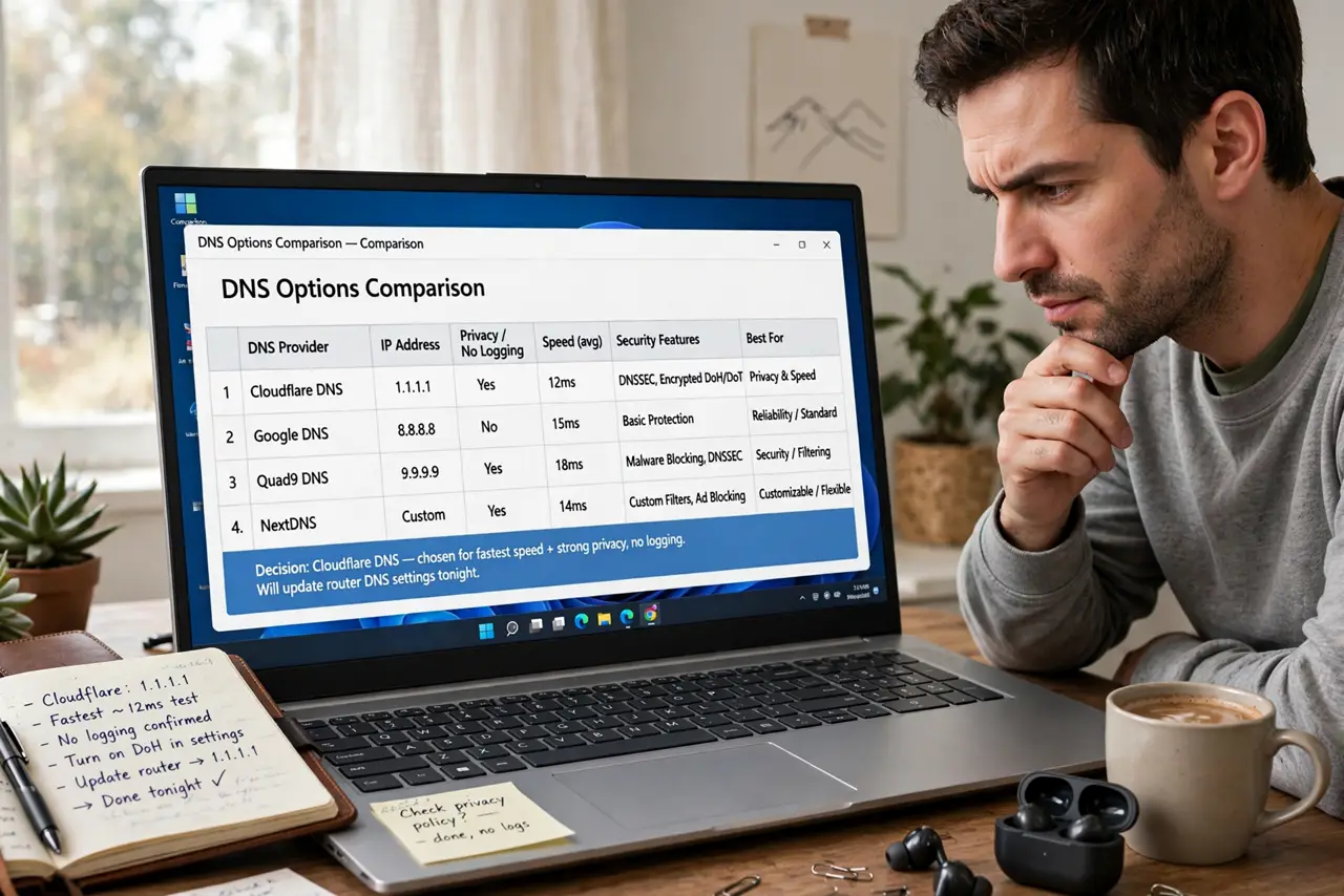 Which DNS to Use Safely — a person comparing DNS options on a real laptop screen with a comparison list legible, notebook beside them, t