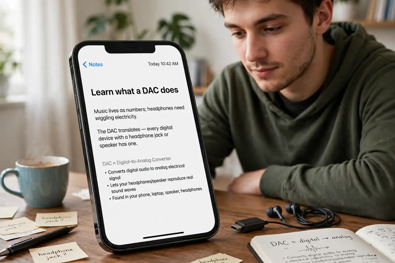 A person performing step 1: Learn what a DAC does. Music lives as numbers; headphones need wiggling electricity. The DAC translates — ever.