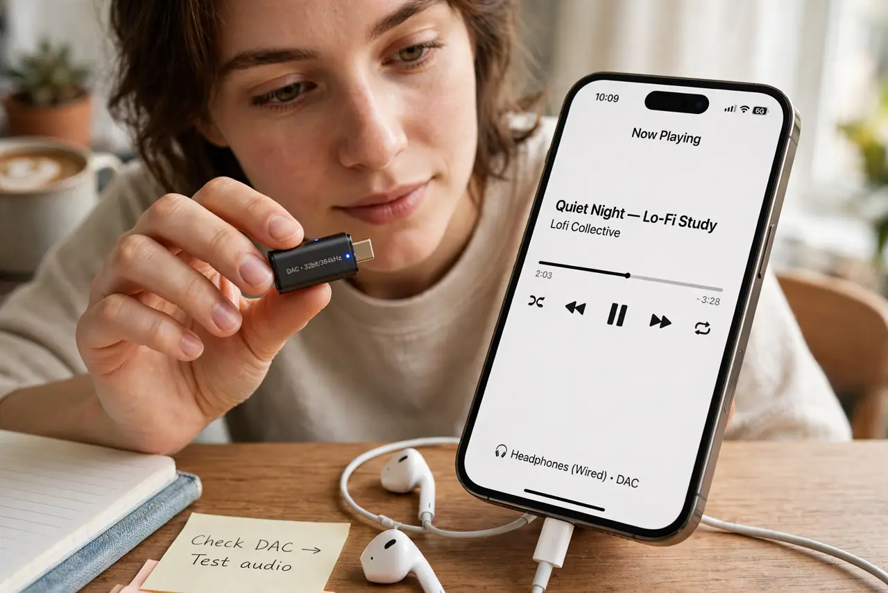 A person holding a small real external DAC dongle next to a real phone with earbuds plugged in, the tiny device clearly visible, the person's face curious, desk.