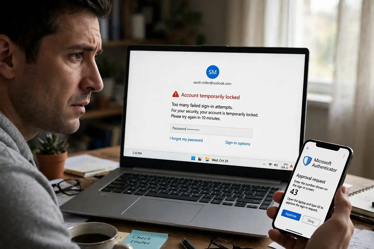A person looking at a real laptop showing a login screen with a legible failed-attempts warning message, the person's face alert, holding a phone with an authentication app.