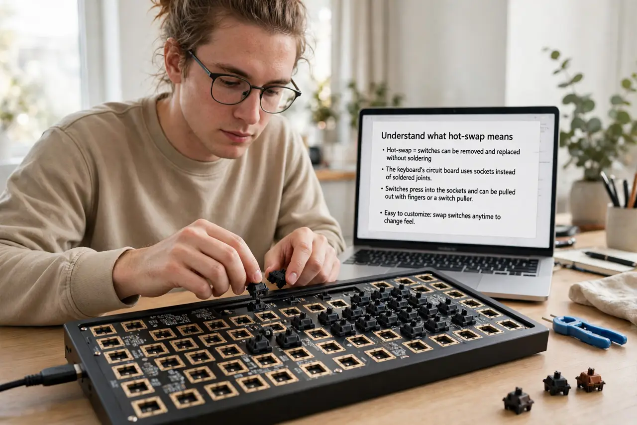 A person performing step 1: Understand what hot-swap means. The keyboard's circuit board has sockets instead of soldered joints. Switches .