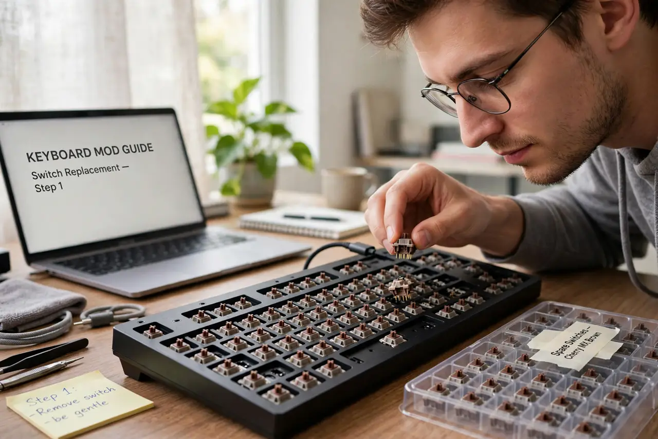 A person pulling a real mechanical keyboard switch out of a keyboard with their fingers, spare switches in a tray beside, the person's face intrigued, desk.