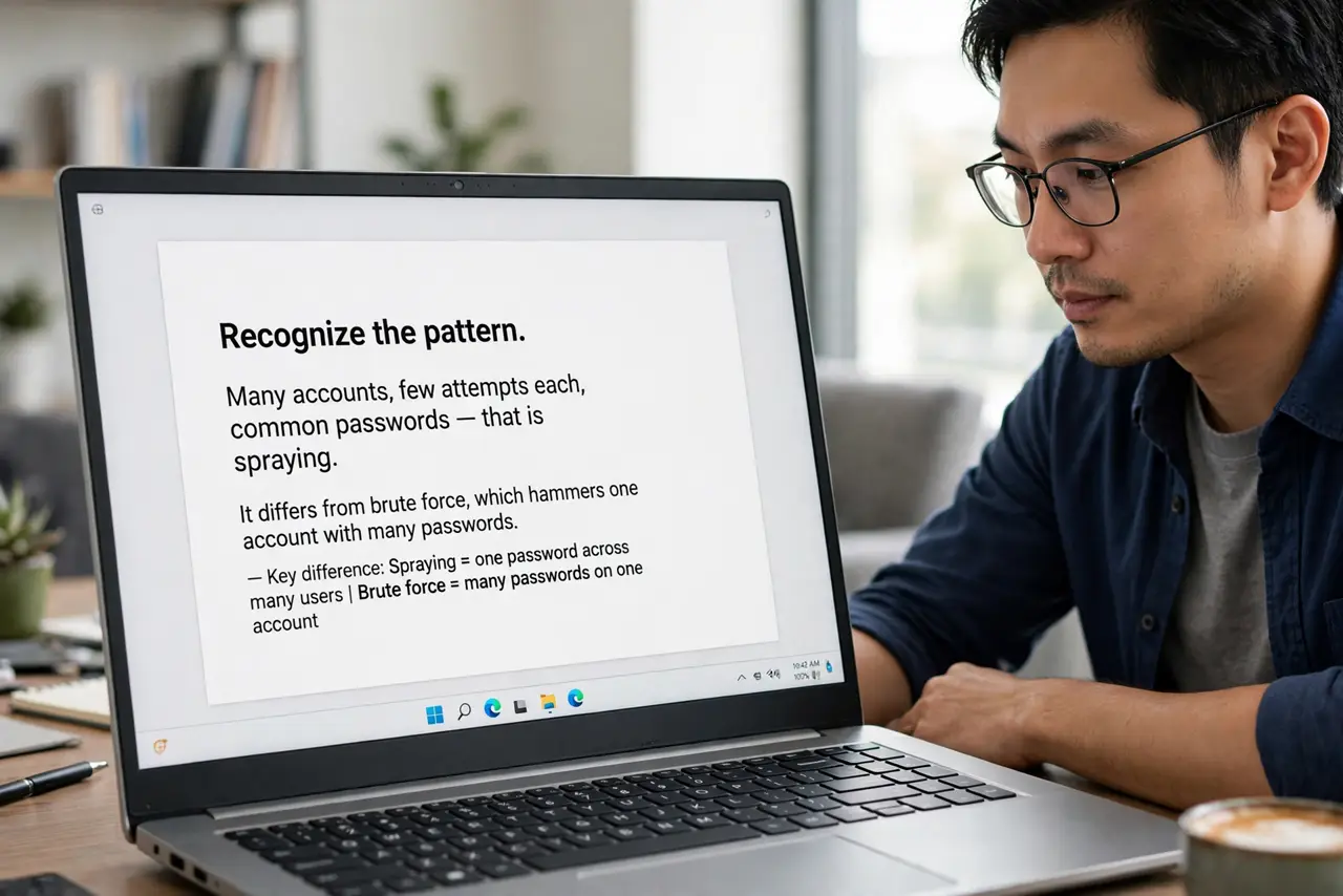 A person performing step 1: Recognize the pattern. Many accounts, few attempts each, common passwords — that is spraying. It differs from .