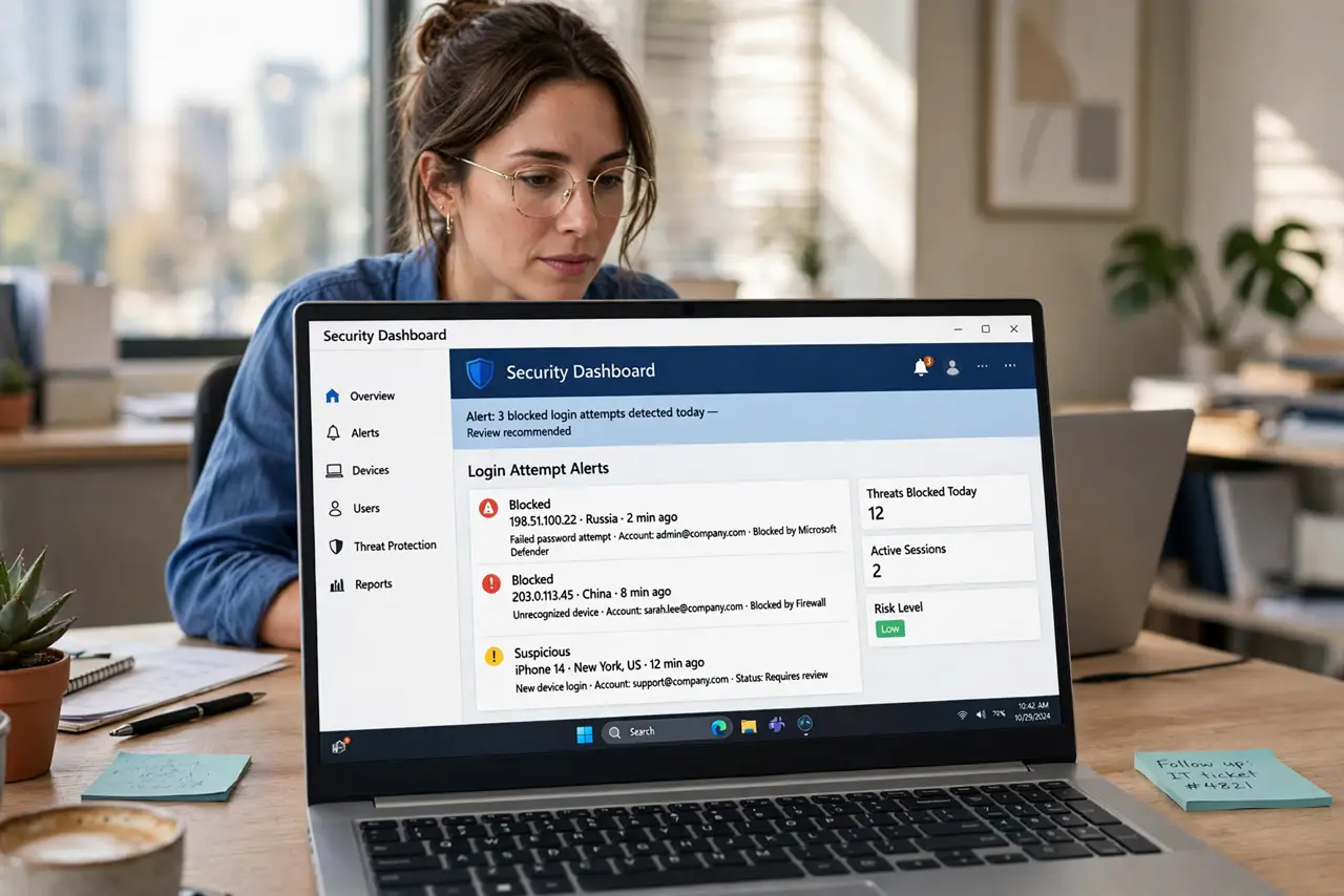 A person at a desk viewing a real security dashboard on a laptop showing login attempt alerts with legible text, the person's face alert and focused, office setting.