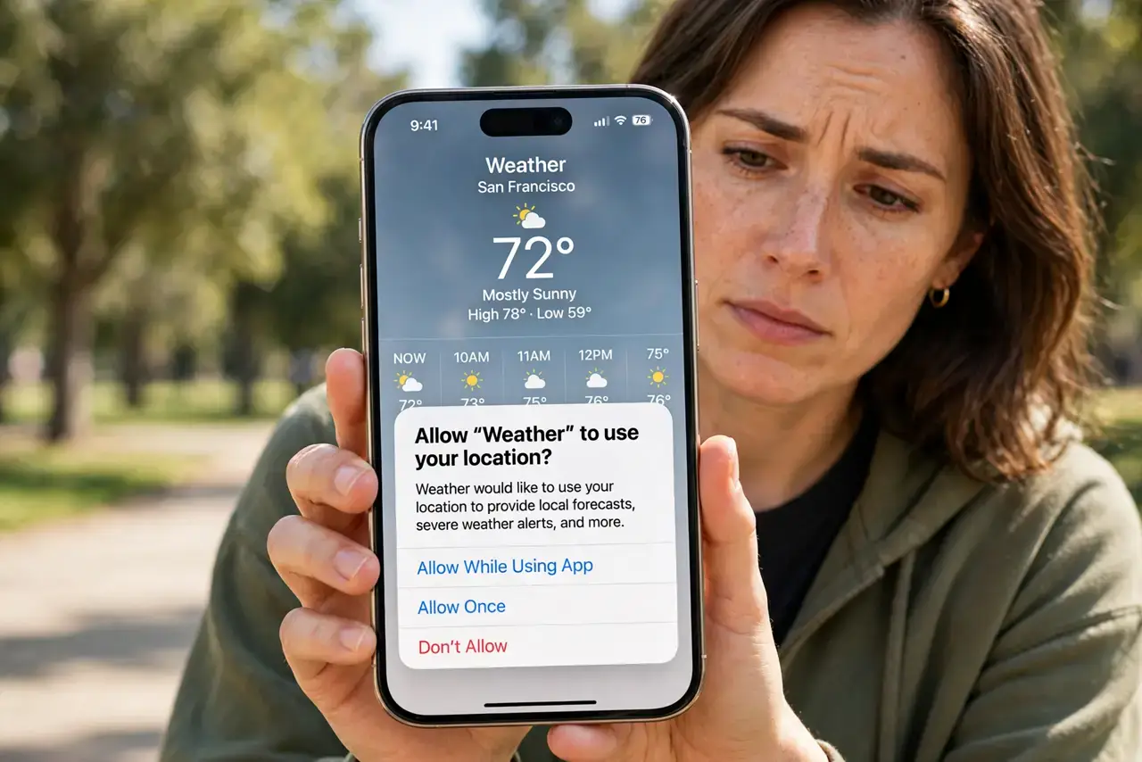 What Do Weather Apps Collect About You — a thoughtful adult holding a real iPhone showing a weather app with a location permission prompt, fully legibl
