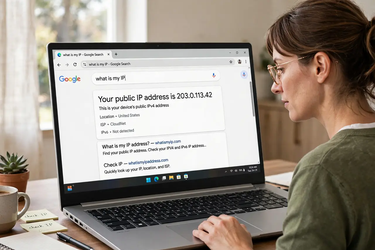 Step 1 in action for What Does Your IP Reveal: Look up your own IP. Search 'what is my IP' and open a lookup page.