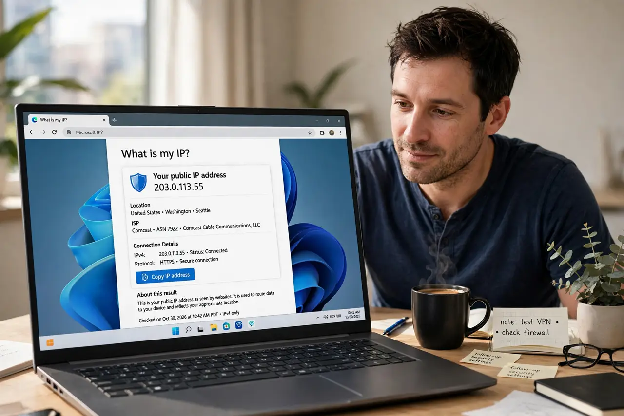 What Does Your IP Reveal — a calm adult at a desk with a real laptop showing a 'what is my IP' lookup page with fully legible text, the p