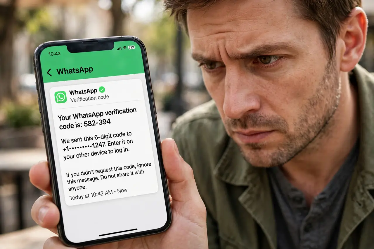 WhatsApp Code You Didn't Request — a wary adult staring at a real phone showing an unexpected WhatsApp verification code text, the message fully