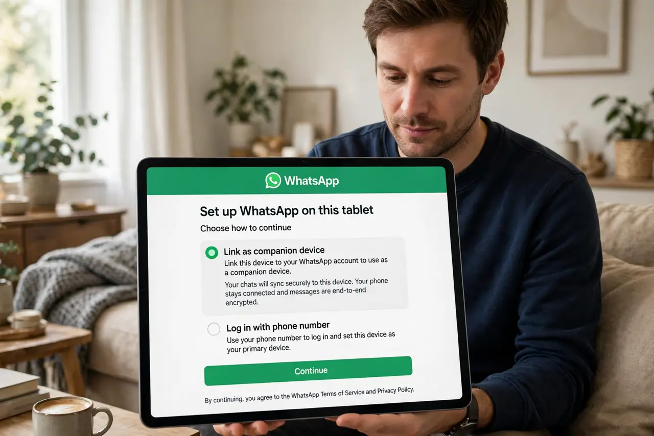 Photoreal photo of a person performing the first step: Install WhatsApp on the second device. Get the official WhatsApp on the tablet or second pho...