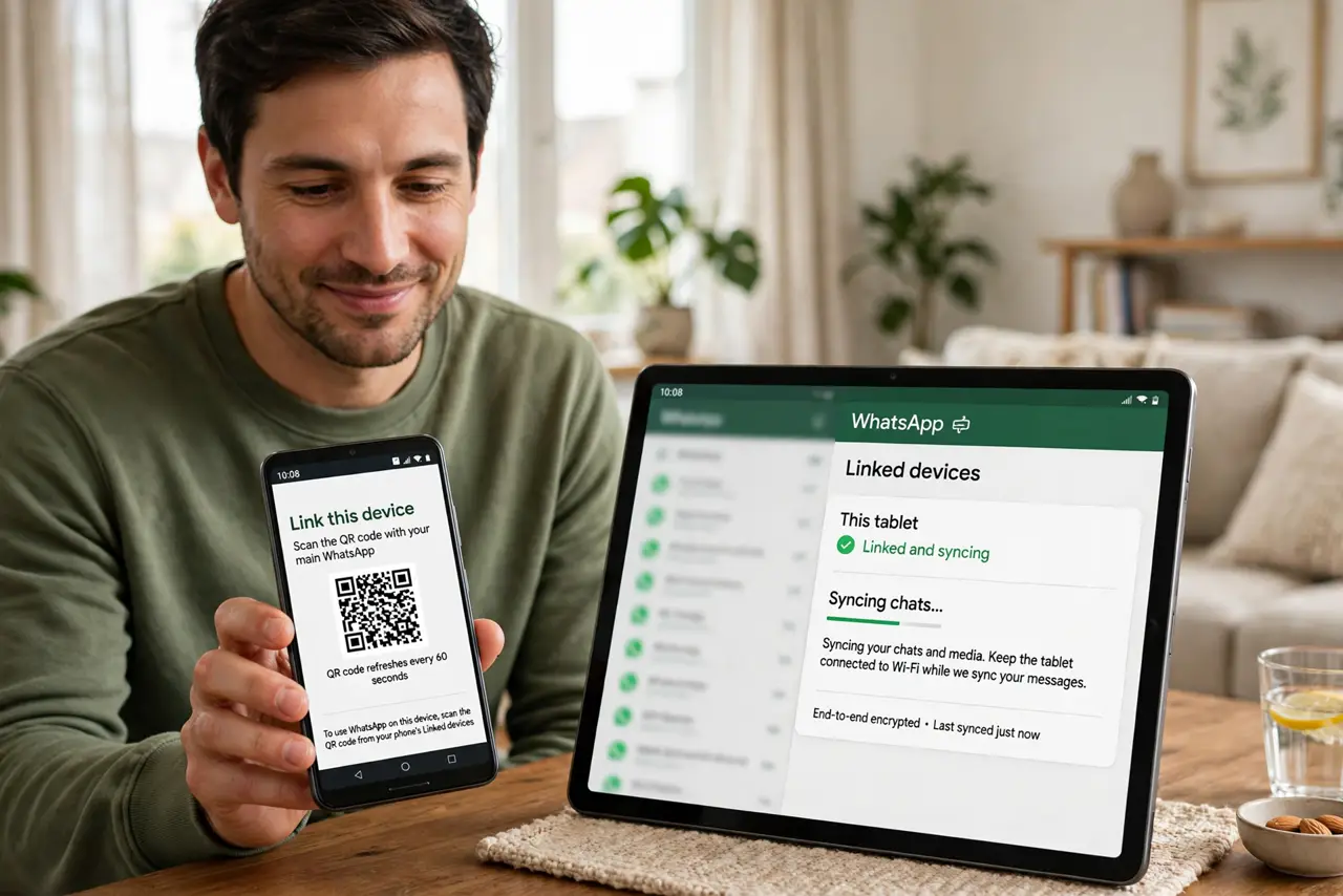 Photoreal photo: a person holding a real primary phone showing a WhatsApp QR code while a real tablet beside it shows WhatsApp linked and syncing chats, the person's face pleased, living room. No black screen, no b...