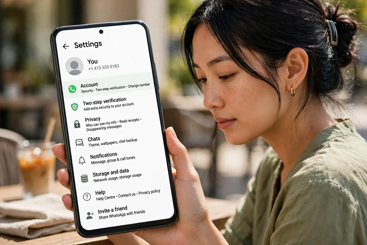 A person performing the first step of the guide: Open WhatsApp Settings. Tap Settings (iPhone, bottom right) or the three-dot menu > Settings (Android).