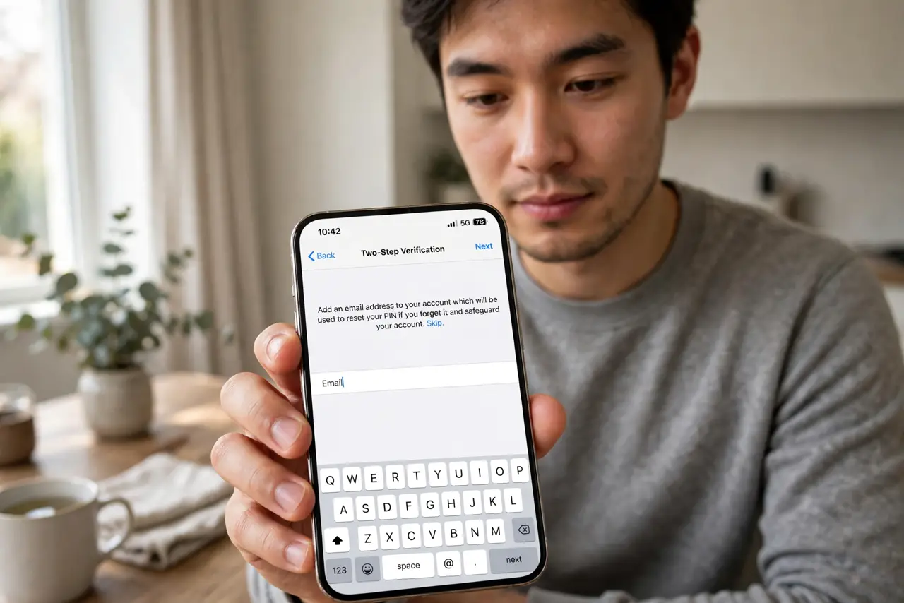 A person holding a real iPhone showing the WhatsApp two-step verification setup screen with legible text, the person's face focused, indoors. No.