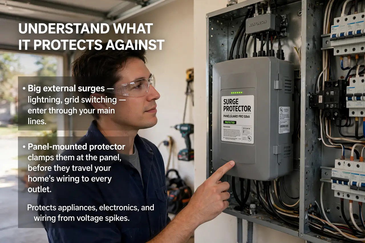 A person performing the first step of the guide: Understand what it protects against. Big external surges — lightning, grid switching — enter through your main.