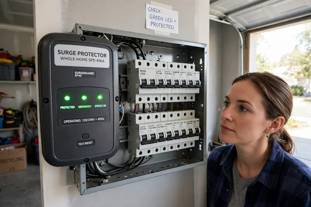 A person looking at an open real breaker panel with a surge protection device installed beside the breakers, indicator lights visible, the person.