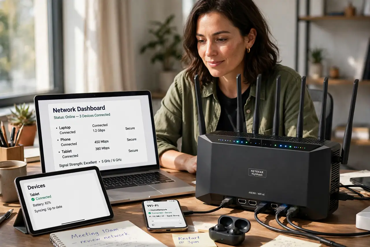 a person at a desk with a real router and several devices (laptop, phone, tablet) connected, the person's face enlightened. No black screen, no blank white screen, no fake or garbl.