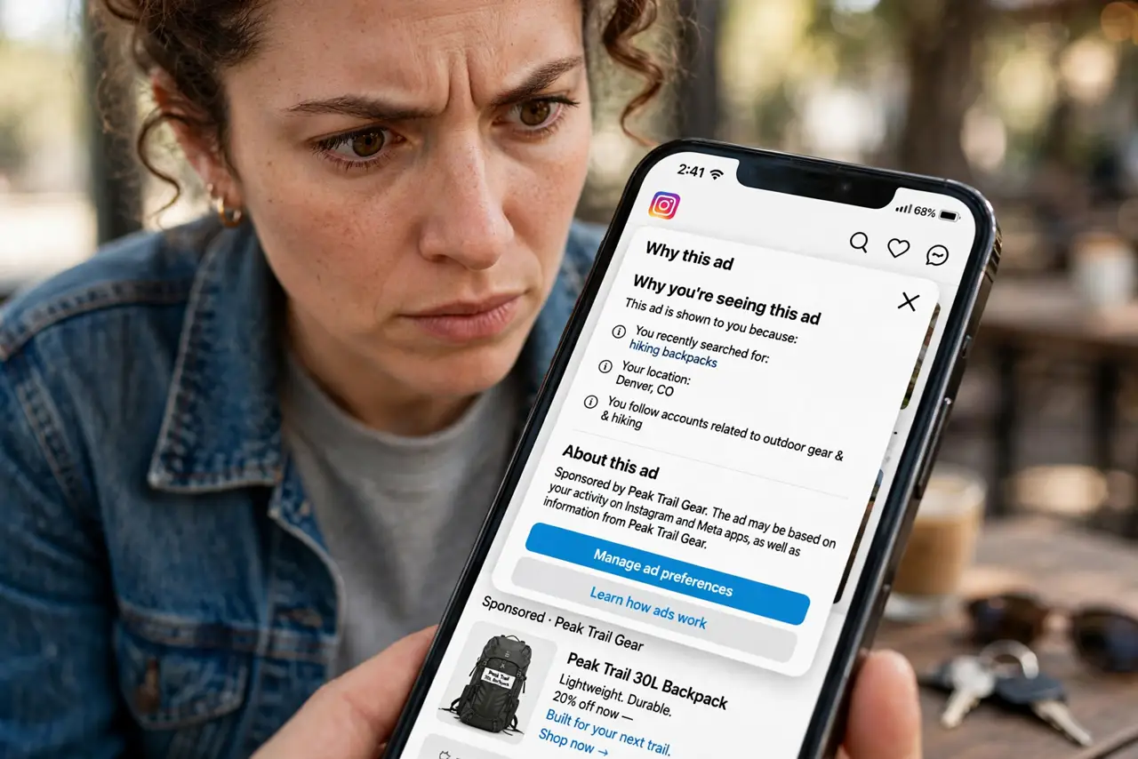 'Why Am I Seeing This Ad — a curious adult looking at a real phone showing an ad with a 'Why this ad' explanation panel open, the text fu