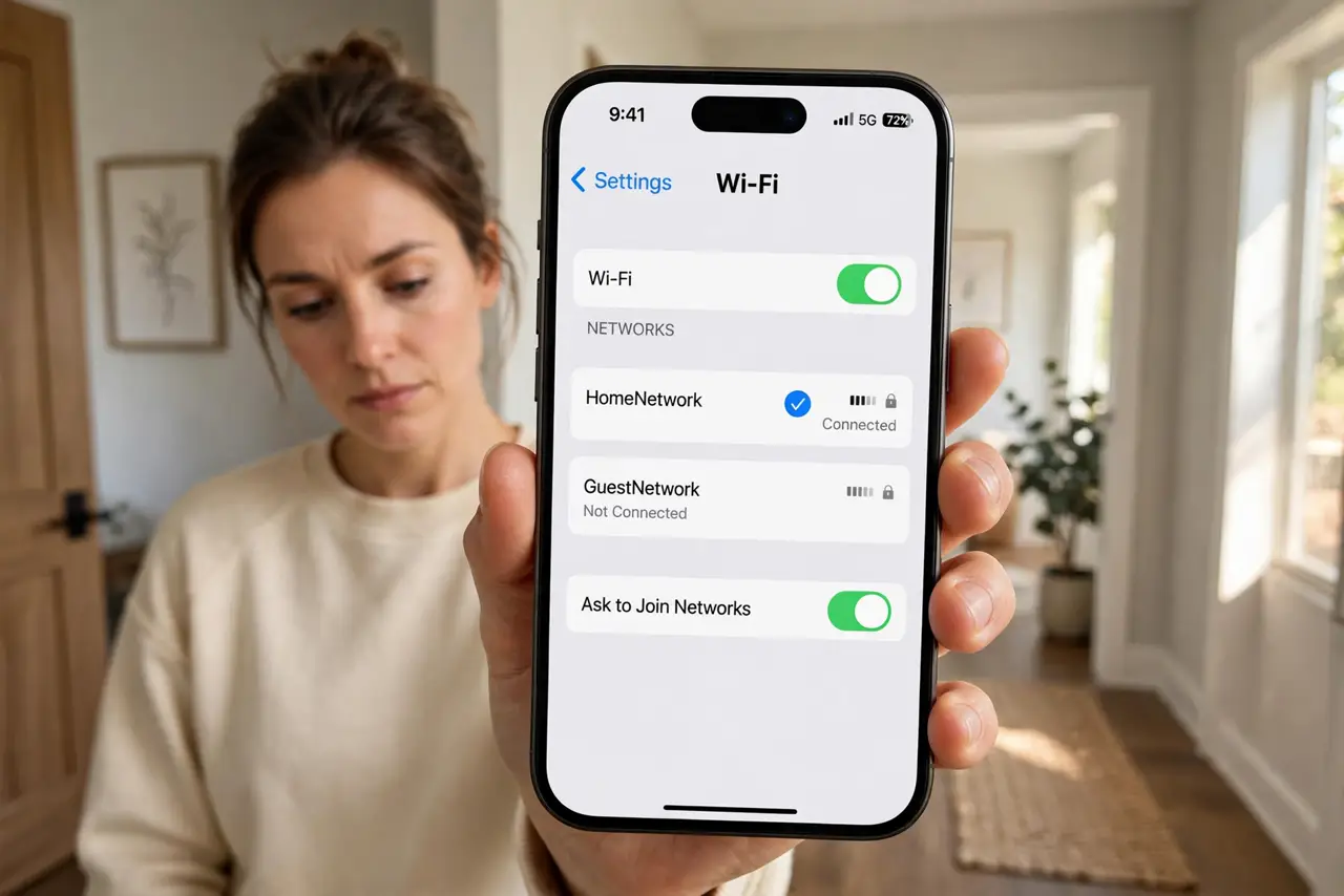 2.4 GHz vs 5 GHz Wi-Fi: Which to Use — a person holding a real phone showing the Wi-Fi network list with two network names and signal bars fully legi
