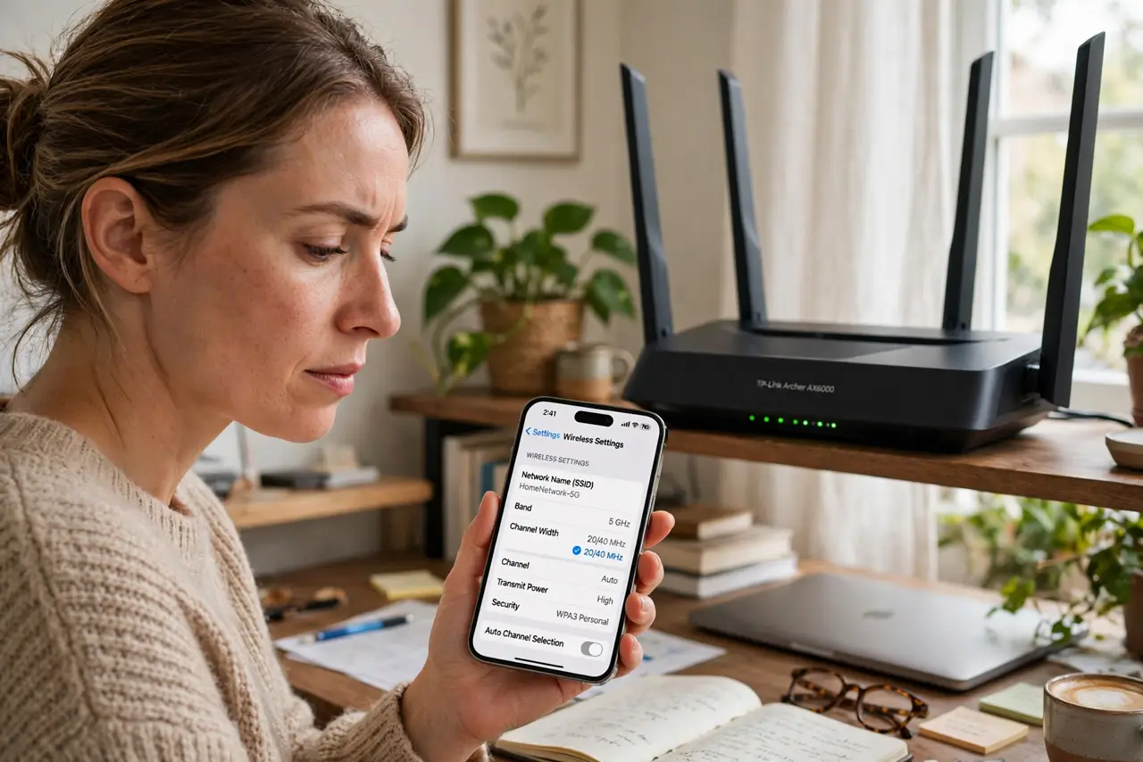 a person holding a real phone showing router wireless settings with the 20/40 MHz channel width option legible, a router on a shelf behind, the person's face thoughtful, home offic.