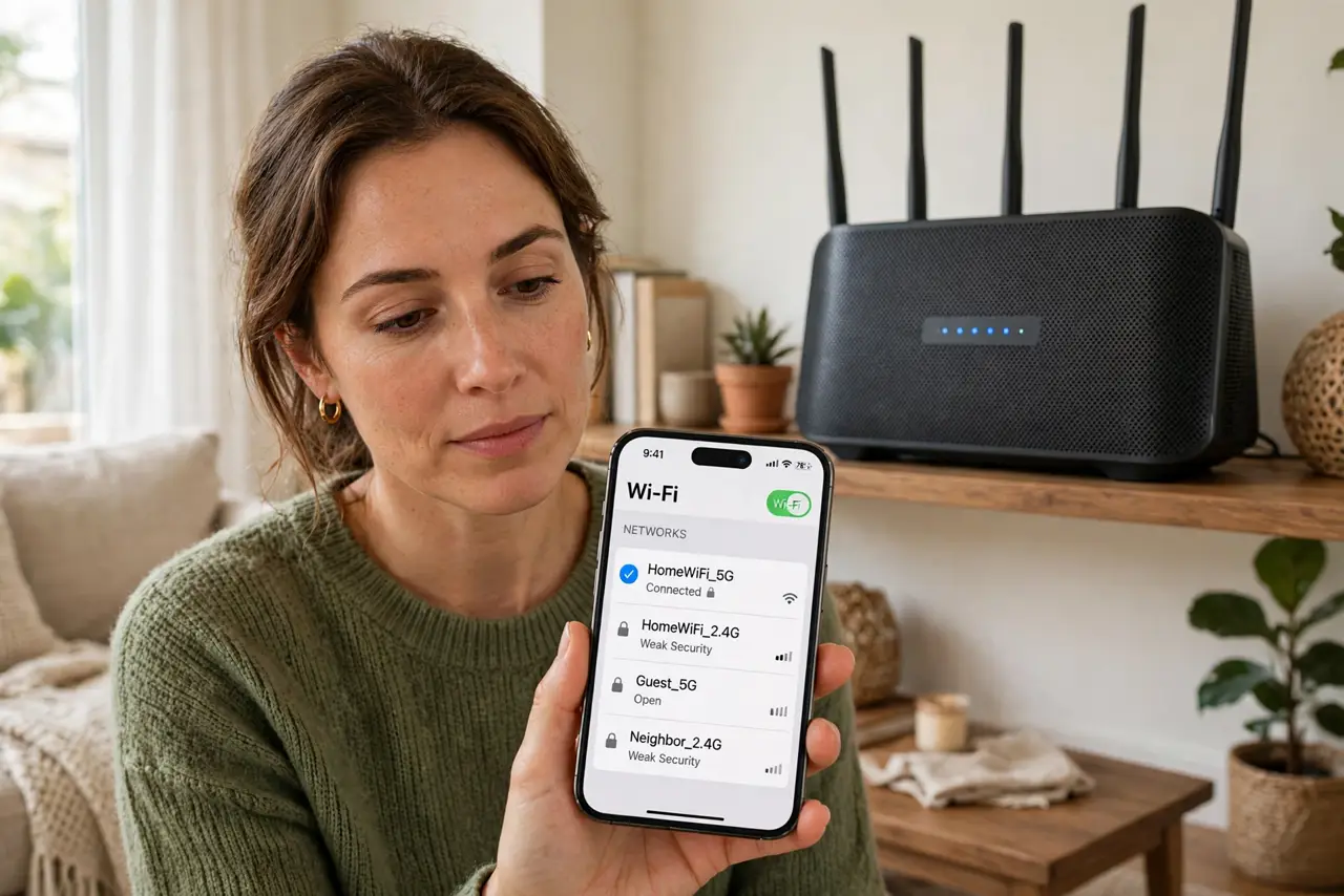 A person in a living room holding a real phone showing Wi-Fi network names with 2.4G and 5G labels legible, a router on a shelf behind, the person's face…