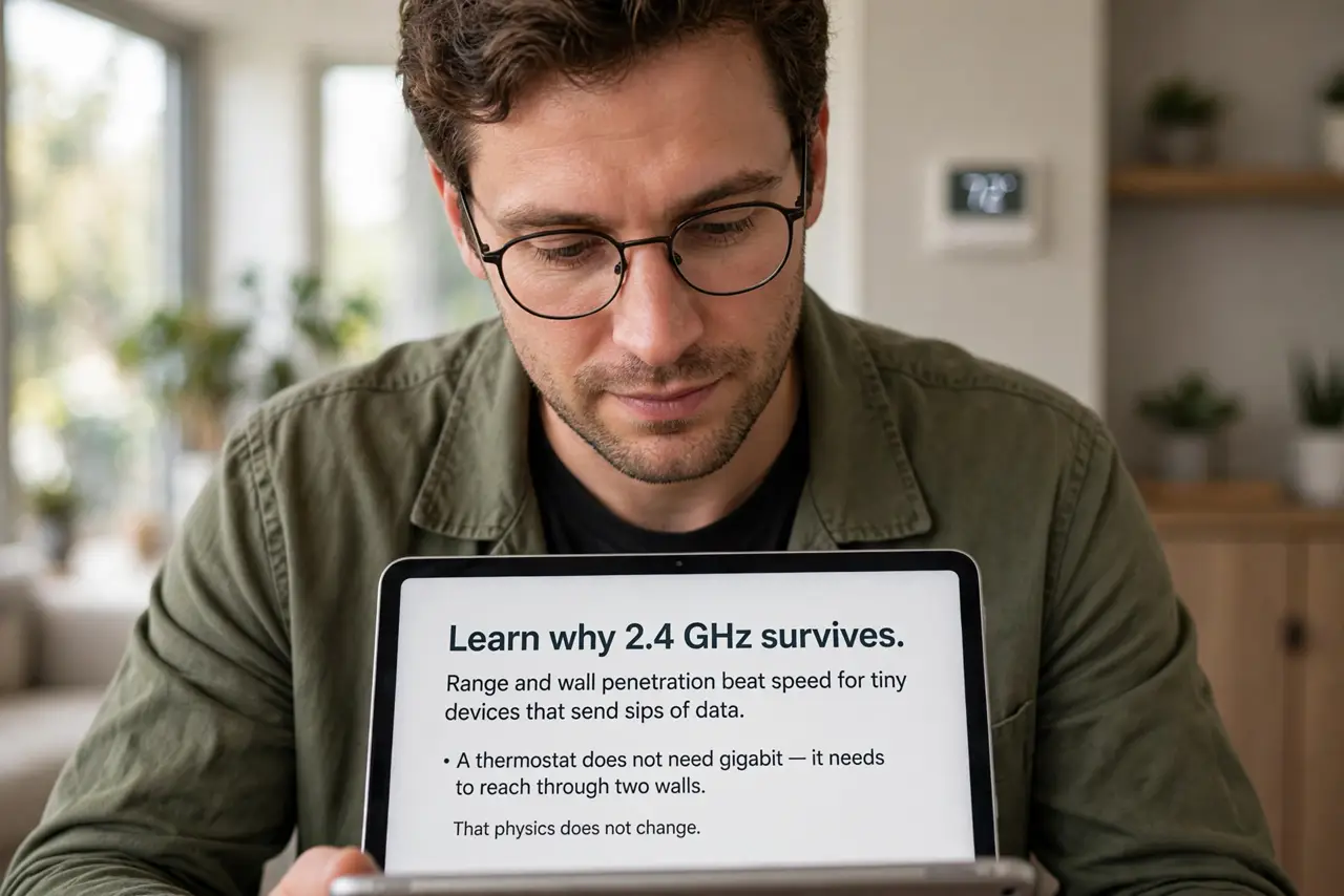 A person performing the first step of the guide: Learn why 2.4 GHz survives.