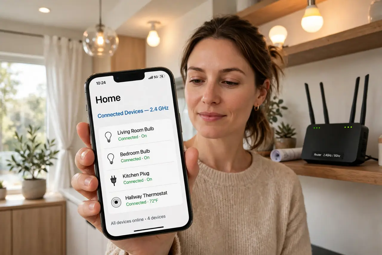a person in a smart home holding a real smartphone showing connected 2.4 GHz smart devices with legible labels, a real router visible on a shelf, smart bulbs glowing, the person's face assured, daytime.