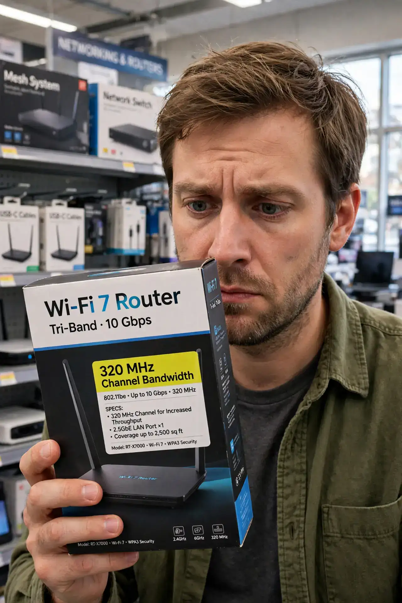 a person reading a real router box in a store showing 320 MHz on the spec label, the person's face curious but skeptical, electronics aisle.