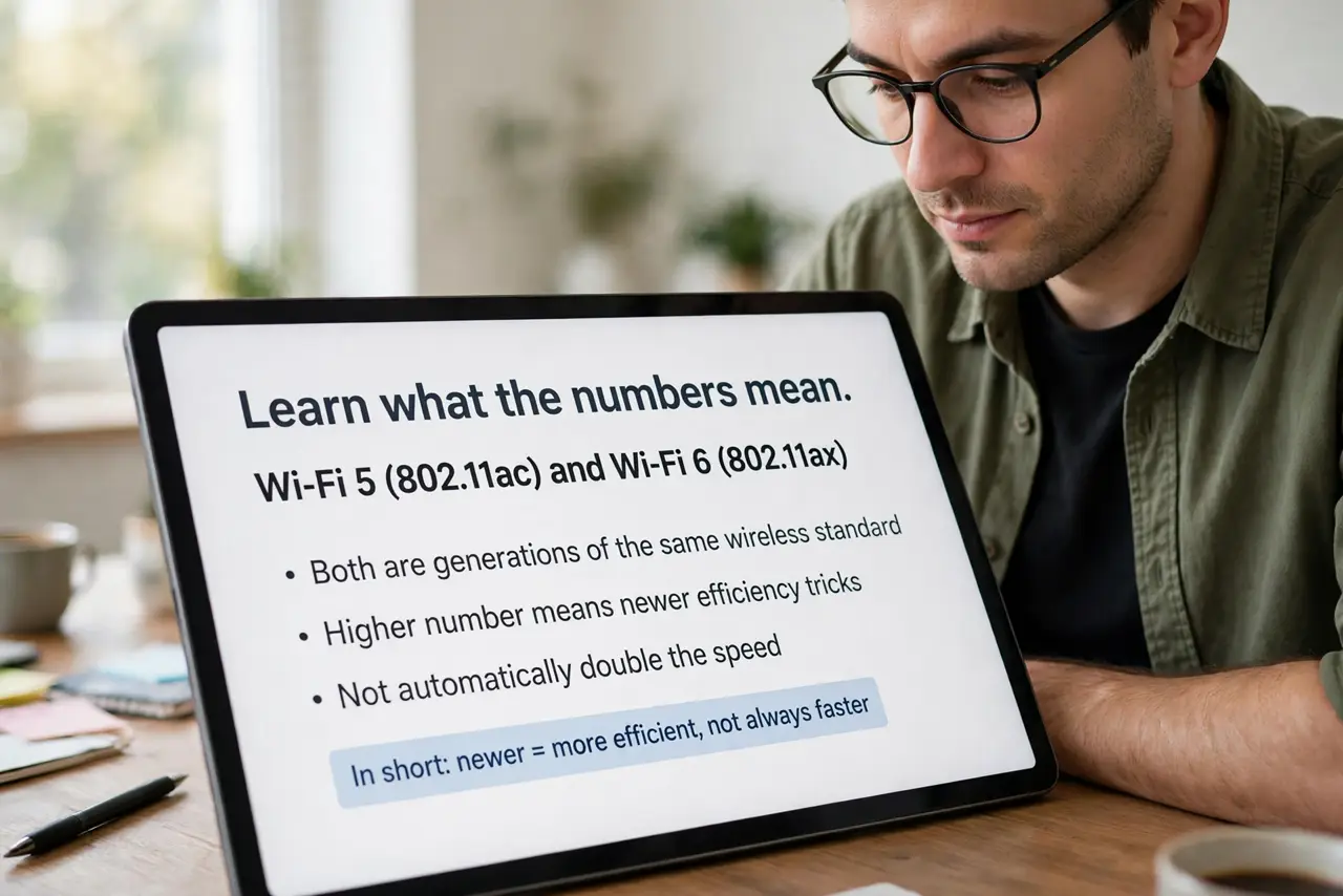 A person performing the first step of the guide: Learn what the numbers mean. Wi-Fi 5 (802.11ac) and Wi-Fi 6 (802.11ax) are generations of the same wireless.