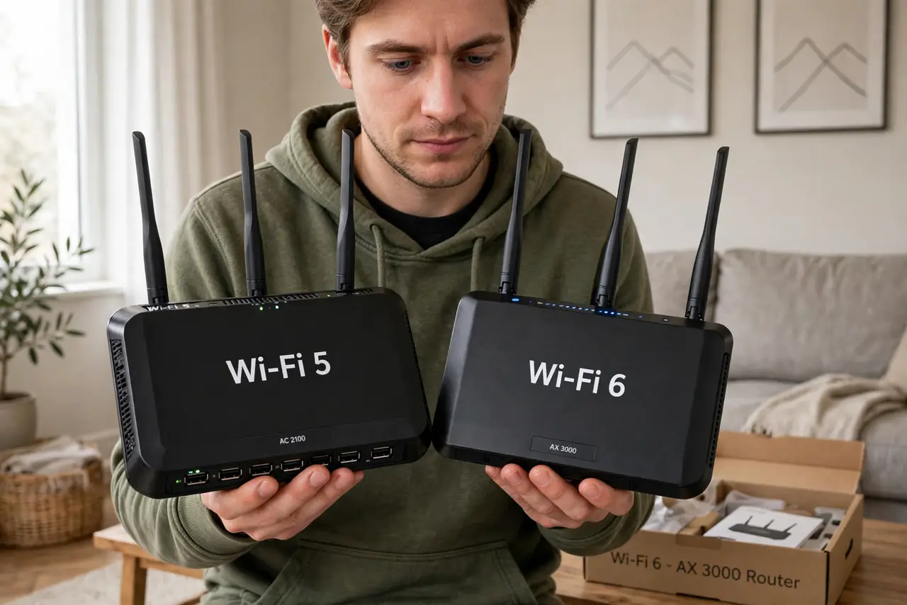 A person holding two real Wi-Fi routers side by side, one labeled Wi-Fi 5 and one Wi-Fi 6, boxes and antennas visible, the person's face comparing.