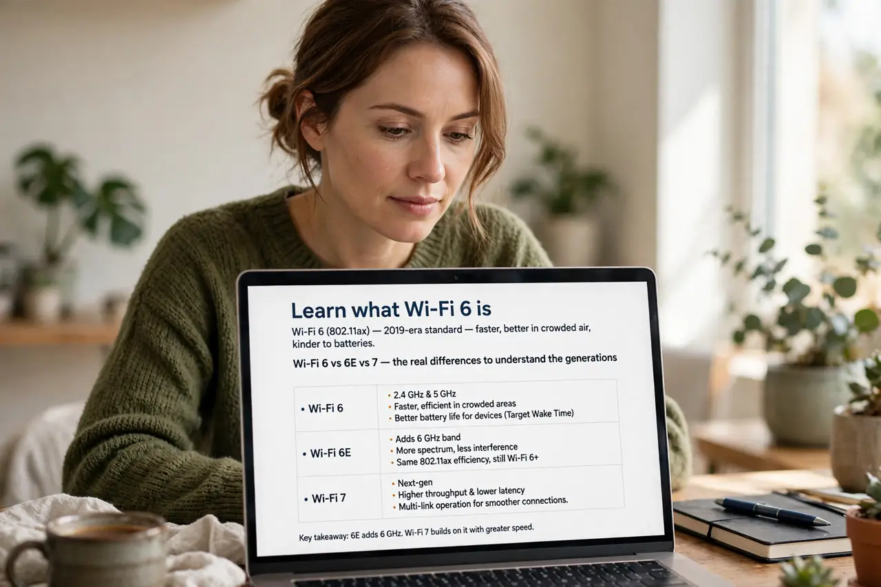 A person performing the first step of the guide: Learn what Wi-Fi 6 is.