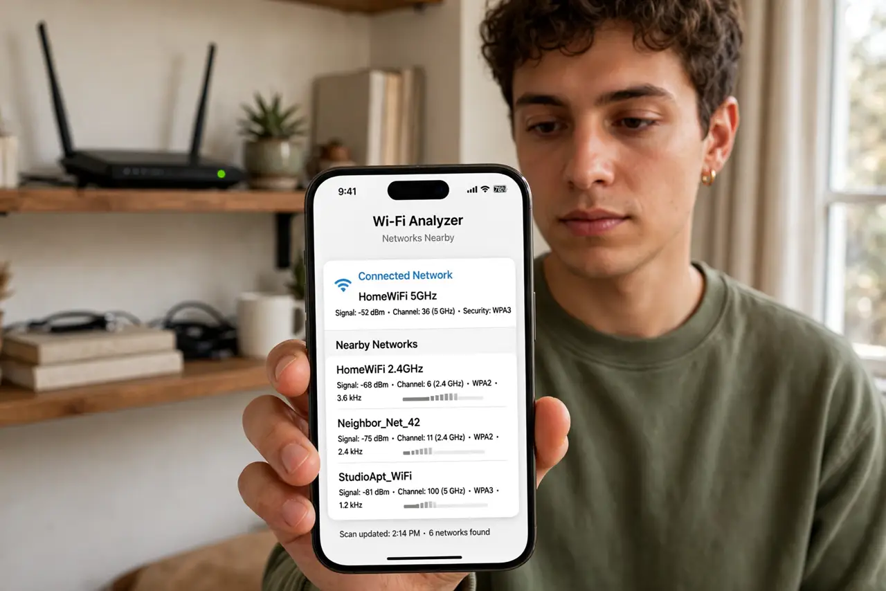 a person at home holding a real smartphone showing a Wi-Fi analyzer app with legible network details, a real router on a shelf behind them, the person's face thoughtful, daytime.