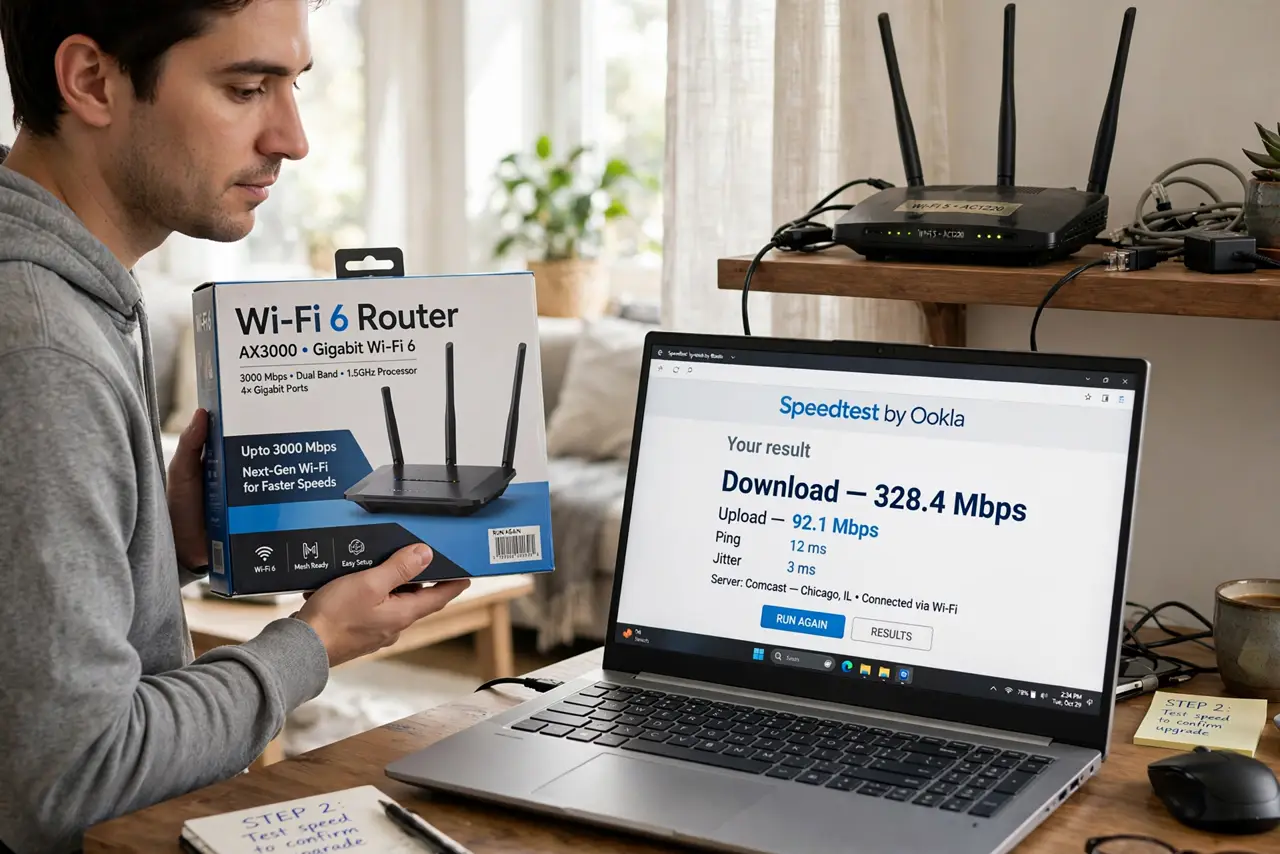a person holding a real Wi-Fi 6 router box next to their old router on a shelf, a laptop showing a speed test with legible numbers in the background, the per...