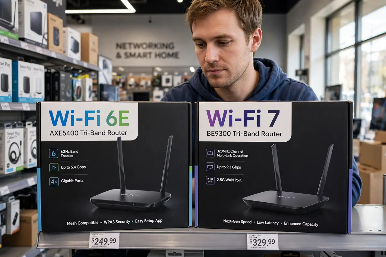 a person comparing two real Wi-Fi routers on a store shelf, one box labeled with Wi-Fi 6E and the other with Wi-Fi 7, the person's face thoughtful, electroni...