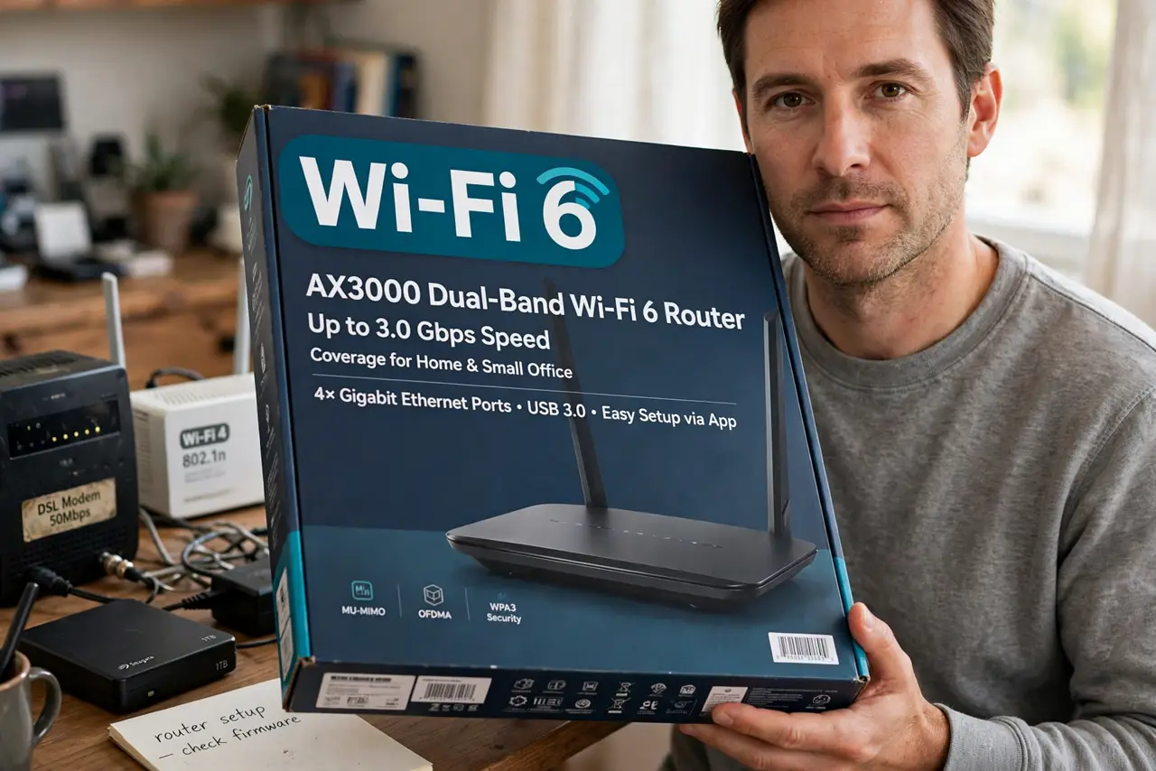 Wi-Fi 6 vs Wi-Fi 5: The Real Difference — a calm adult holding a real new router box showing 'Wi-Fi 6' labeling fully legible, older real devices on the