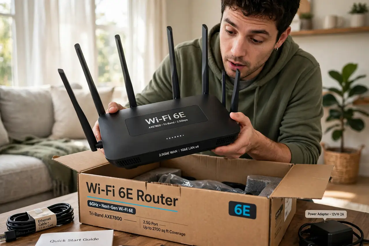 A person unboxing a real Wi-Fi 6E router in a living room, the router box with 6E branding legible, the person's face curious, home interior.