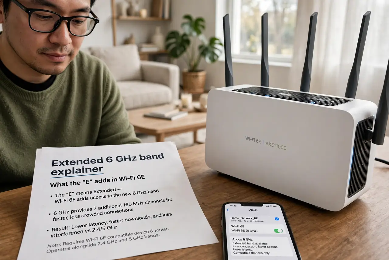 Photoreal photo of a person performing the first step: Learn what the E adds. The E stands for Extended — Wi-Fi 6E extends Wi-Fi 6 into the 6 GHz b...