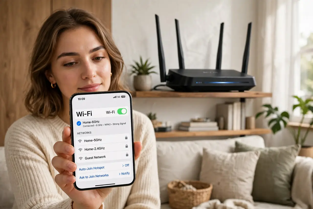 Photoreal photo: a person holding a real smartphone showing a Wi-Fi settings screen with a legible 6 GHz network name, a modern router on a shelf behind, the person's face curious, living room. No black screen, no ...