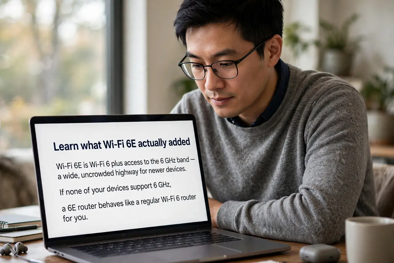 A person performing the first step of the guide: Learn what Wi-Fi 6E actually added.
