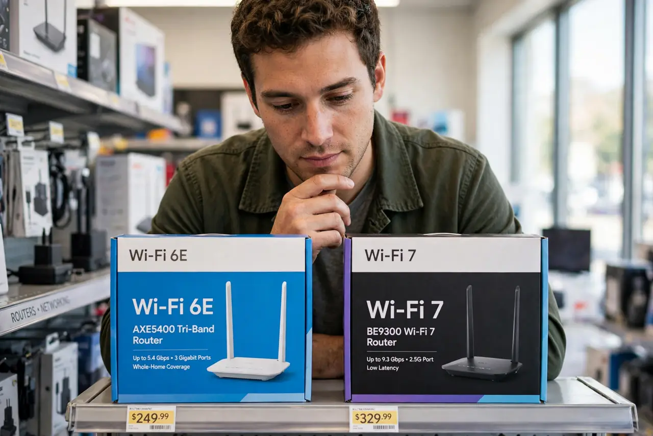 a person comparing two real router boxes on a store shelf, one labeled Wi-Fi 6E and one Wi-Fi 7, the person's face thoughtful, bright store lighting.
