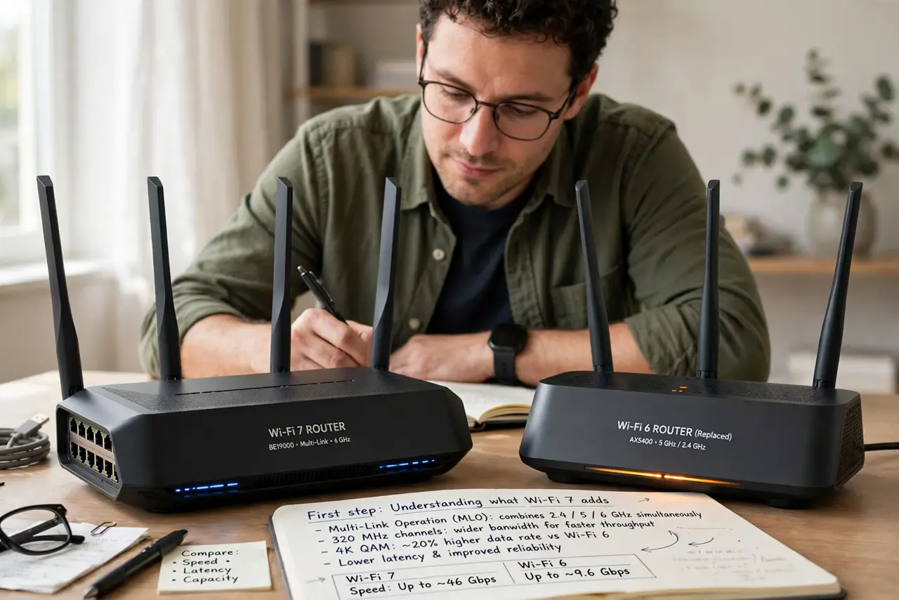 A person carrying out step one: understand what wi-fi 7 adds.