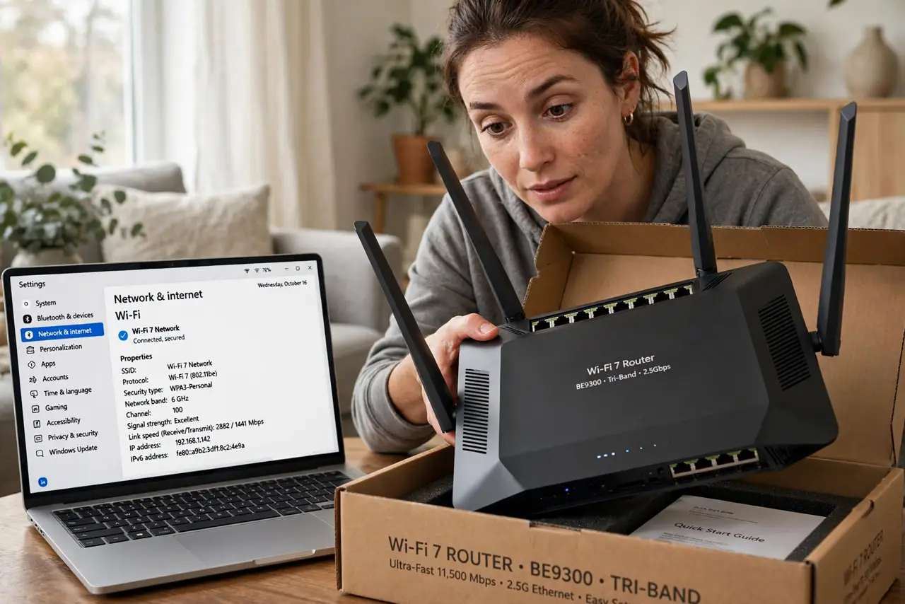 A person unboxing a real Wi-Fi 7 router next to a real laptop showing a network settings screen legible, the person's face curious, living room.