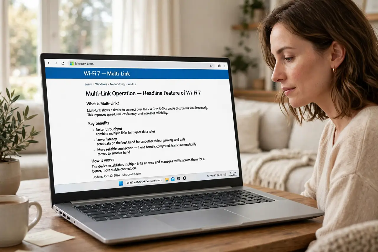 Photoreal photo of a person performing the first step: Learn the headline feature: multi-link. Wi-Fi 7 can use the 2.4, 5, and 6 GHz bands simultan...