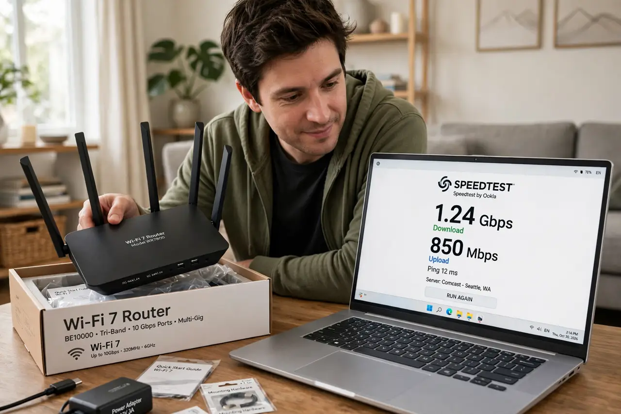 Photoreal photo: a person unboxing a real Wi-Fi 7 router next to a laptop showing a legible speed test, the person's face intrigued, living room. No black screen, no blank white screen, no fake or garbled screen text.