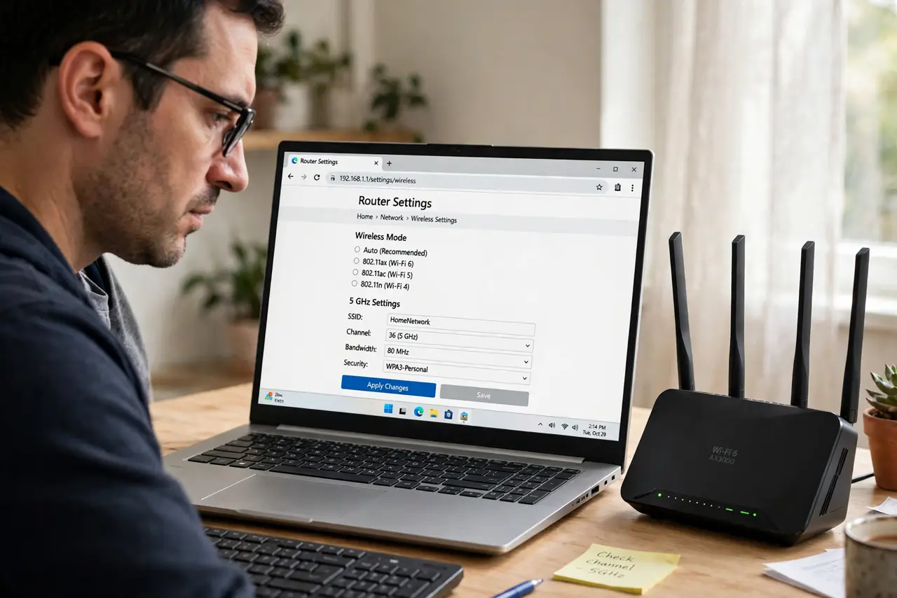 A person at a desk with a real laptop showing a router settings page with legible mode options and a router beside it, the person's face concentrated, home office.