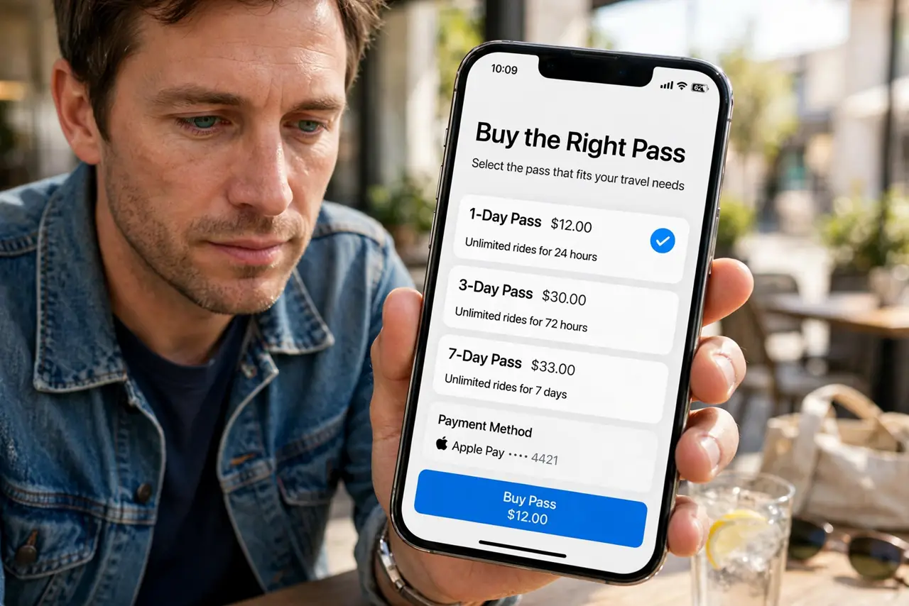 A person calmly performing the guide's first step: Buy the right pass.