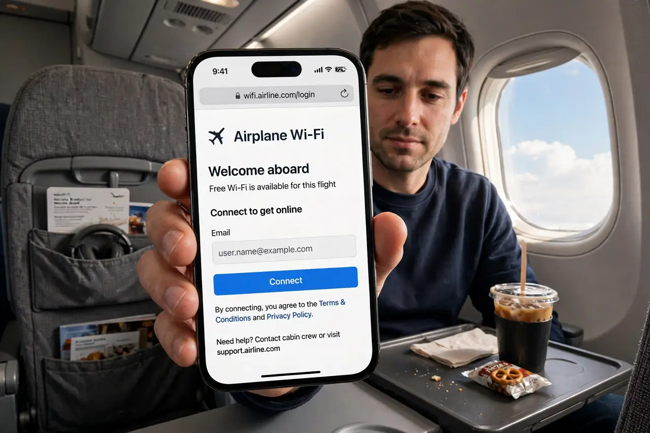 a person in a real airplane seat holding a real phone showing the airplane Wi-Fi login page, tray table down, the person's face patient, cabin lighting. No black screen, no blank w.