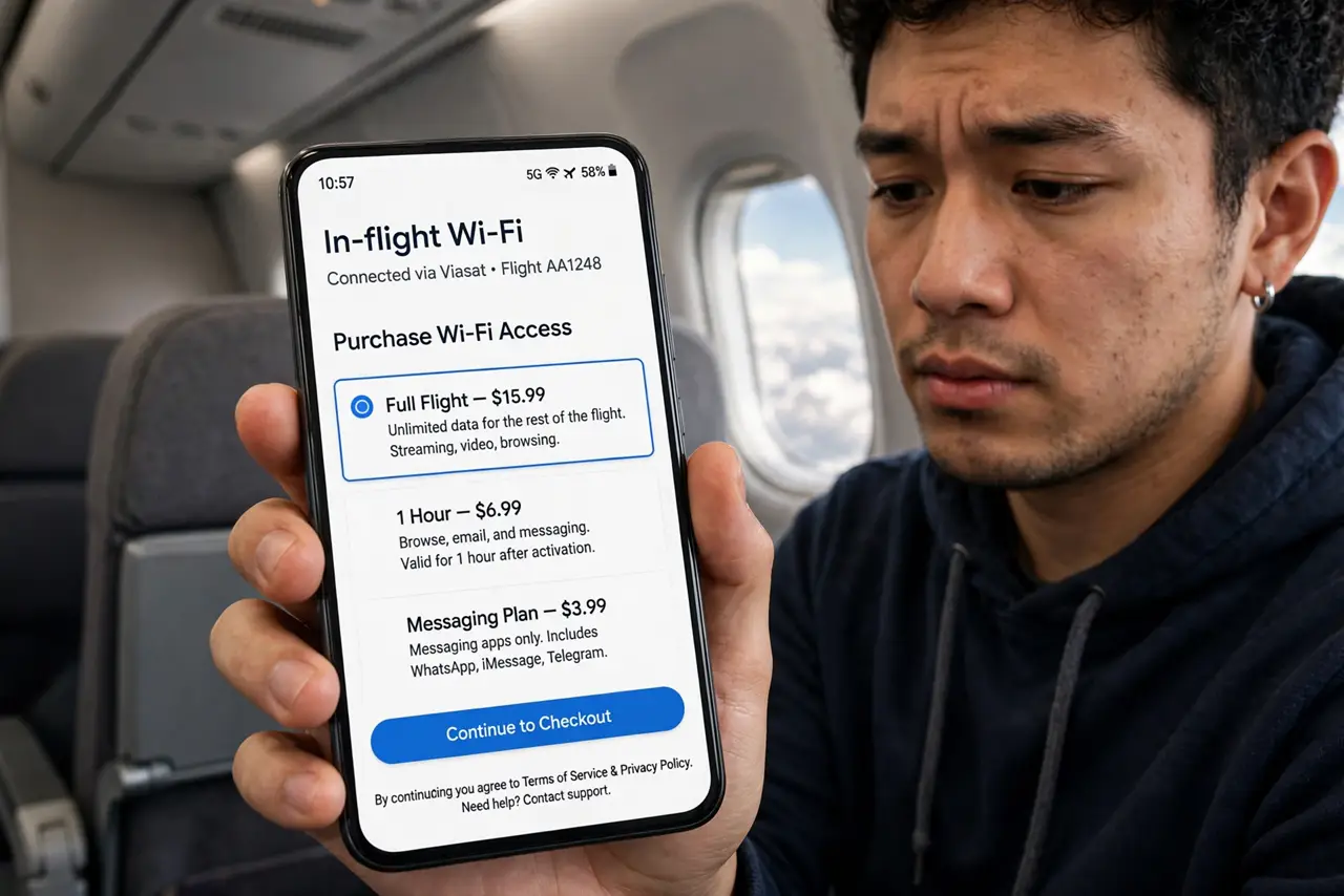 A passenger in an airplane seat holding a real phone showing an in-flight Wi-Fi purchase page with legible prices, cabin windows behind, the person's face undecided.